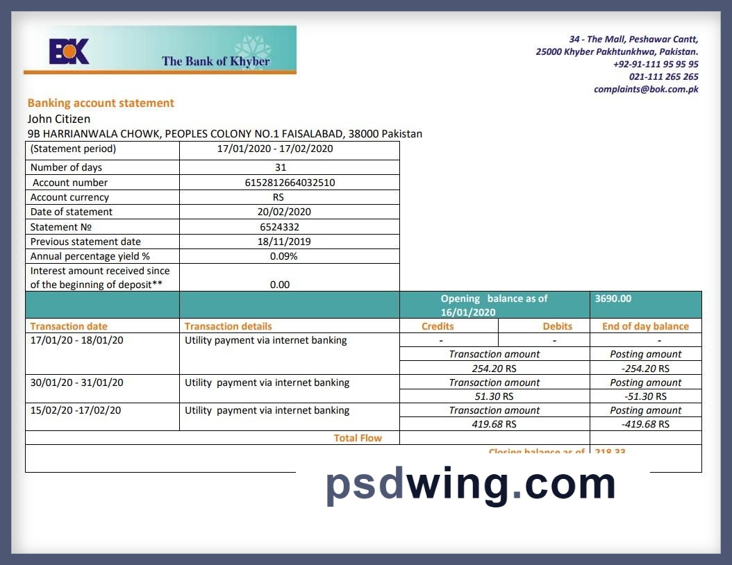 Pakistan The Bank of Khyber Bank Statement (Word)